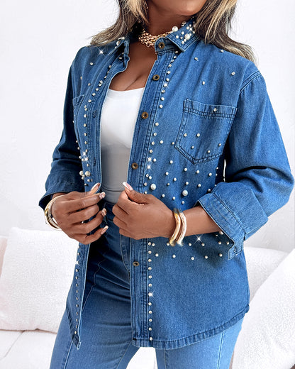 Pearls & Rhinestone Decor Turn-down Collar Button Front Denim Shirt Coat Casual Top