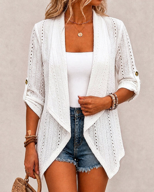 Women's Textured Jacquard Hollow Out Coat Open Front Lapel Roll Up Sleeve Coat