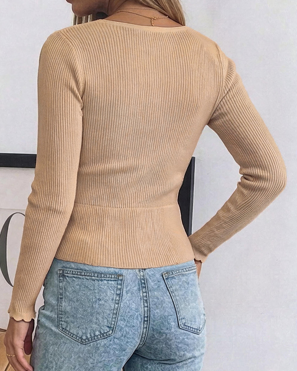 CHICMELIVE Women's Ribbed Knit Long Sleeve Henley Tops Basic Tees