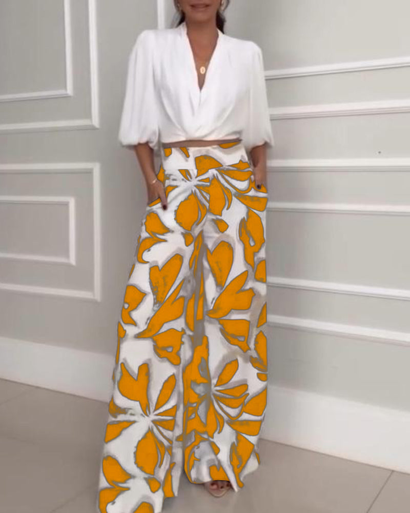 2 Pieces Outfit Wrap Plunge V Neck Crop Blouse and Casual Floral Print Wide Leg Pants Set