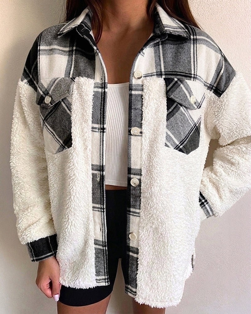 CHICMELIVE Women's Fleece Jacket Plaid Patchwork Sherpa Shacket