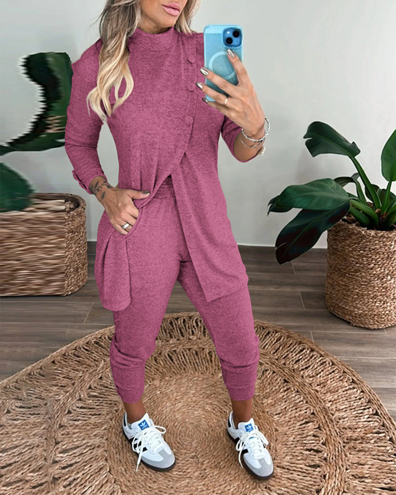 2 Pieces Outfit Mock Neck Long Sleeve Button Decor Slit Mid-Length Top and Stretchy Drawstring High Waist Slim Fit Pants Set