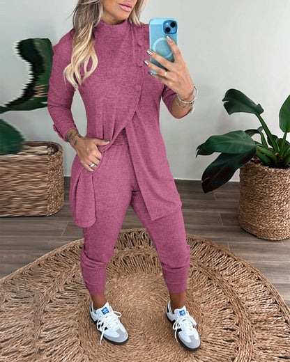 2 Pieces Outfit Mock Neck Long Sleeve Button Decor Slit Mid-Length Top and Stretchy Drawstring High Waist Slim Fit Pants Set