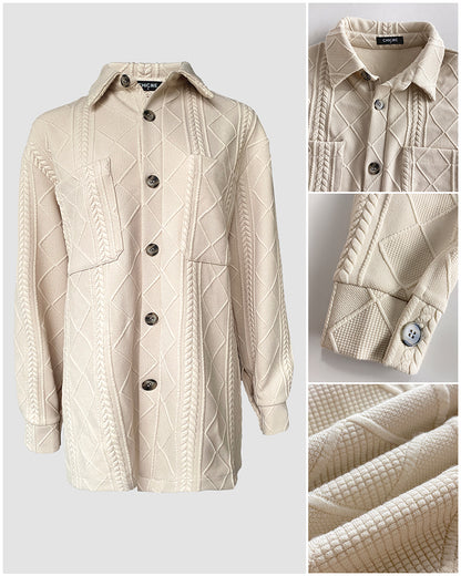 Turn-down Collar Button Front Drop Shoulder Jacket Casual Pockets Design Argyle & Cable Textured Shirt Coat