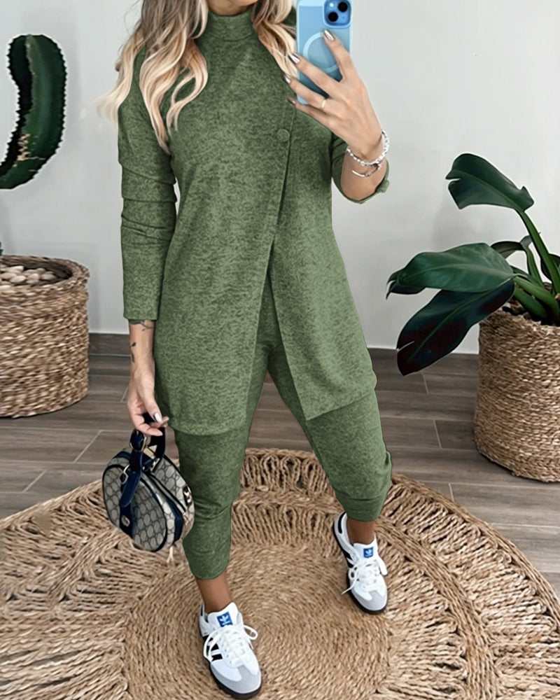 2 Pieces Outfit Mock Neck Long Sleeve Button Decor Slit Mid-Length Top and Stretchy Drawstring High Waist Slim Fit Pants Set