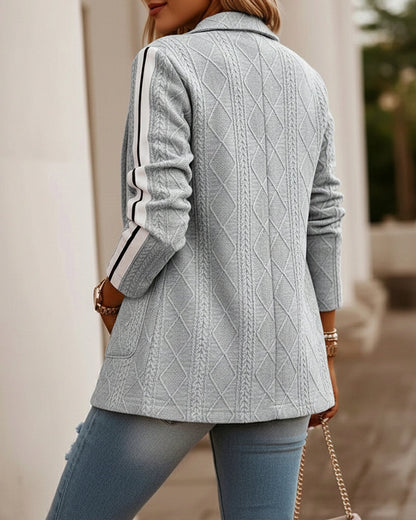 Women's Casual Knit Blazer Argyle Cable Jacquard Contrast Side Striped Coat Loose Fit Single Breasted Blazer