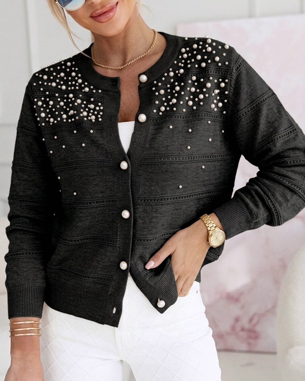 CHICMELIVE Womens Pearl Beaded Knit Cardigan Long Sleeve Cropped Sweater