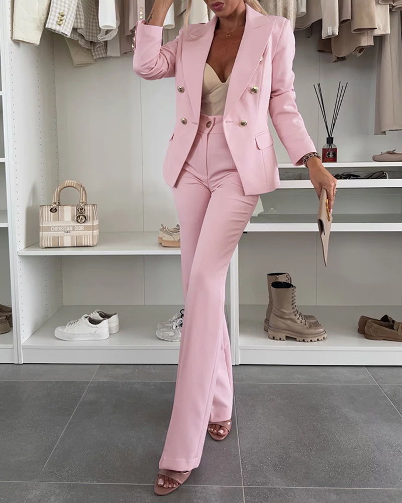 2 Pieces Outfit Notched Collar Double-Breasted Flap Detail Coat and Zipper Fly Elastic Back Waist Slim Fit Flared Pants Set Casual Blazer Set