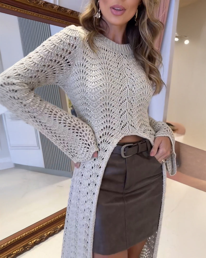 Round Neck Asymmetrical Hem Hollow Out Knitted Sweater Casual Scallop Trim Bell Sleeve Top