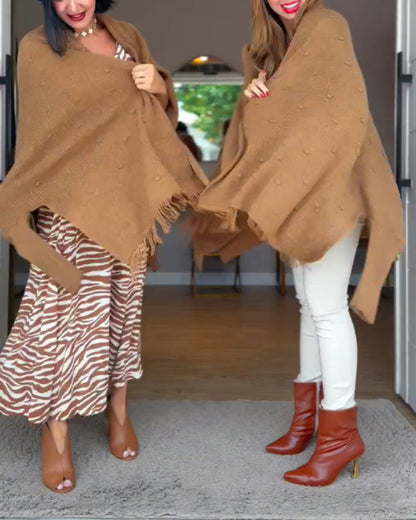 Tassel Design Long Sleeve Slit Cardigan Fashion Versatile Warm Cape Shawl