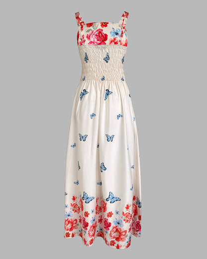 Women's Floral Butterfly Placement Print Cami Dress Shirred Back Sleeveless Vacation Sundress Casual Beach Maxi Dress