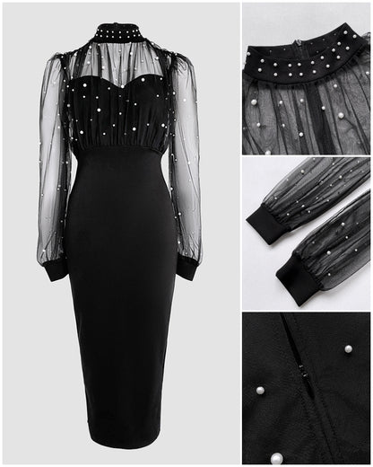 Mock Neck Sheer Mesh Spliced Beaded Bodycon Dress Zipper Back Slit Party Dress