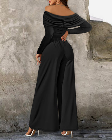 Metal Ring Decor Off Shoulder Ruched High Waist Jumpsuit Casual Cinched Waist Wide Leg Jumpsuit