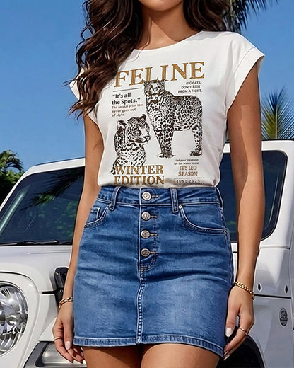 Women's Vintage Leopard Letter Tee Loose Drop Shoulder T Shirt Cap Sleeve Cuffed Casual Crewneck Top