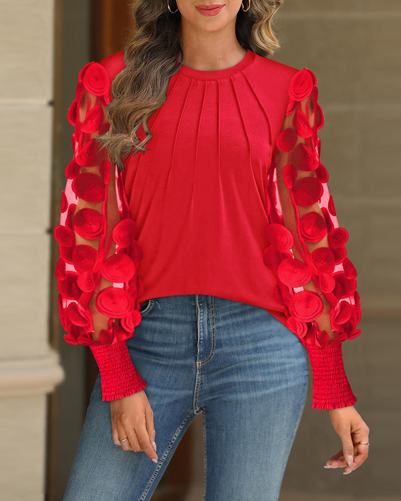 3D Polka Dot Appliques Mesh Long Sleeve Blouse Casual Shirred Cuffs Seam Front Top