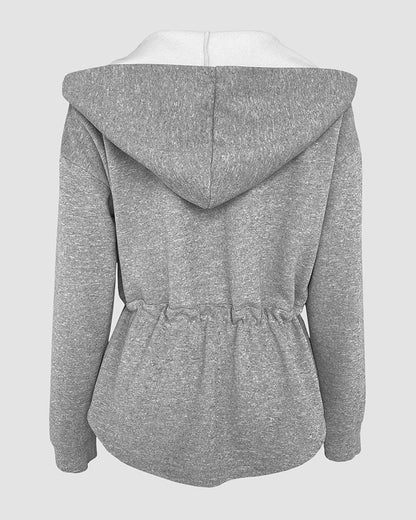 Women's Hooded Drawstring Waist Jacket Casual Zip Up Curved Hem Coat