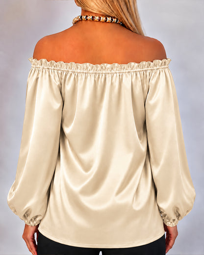 CHICMELIVE Off Shoulder Satin Tops Women Ruffle Tie Front Blouse