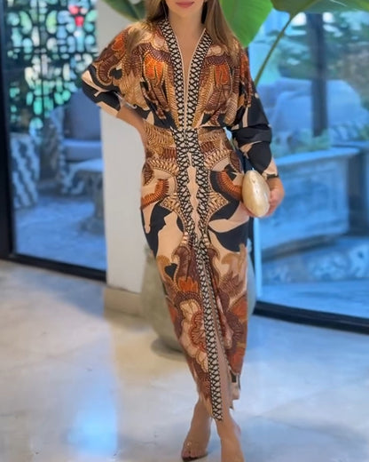 Vintage Baroque Deep V Neck Long Sleeve Slit Bodycon Dress Ruched Slim Fit Vacation Dress