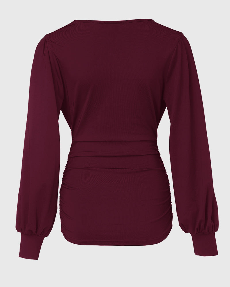 Deep V-Neck Lantern Sleeve Ruched Blouse Casual Slim Fit Top