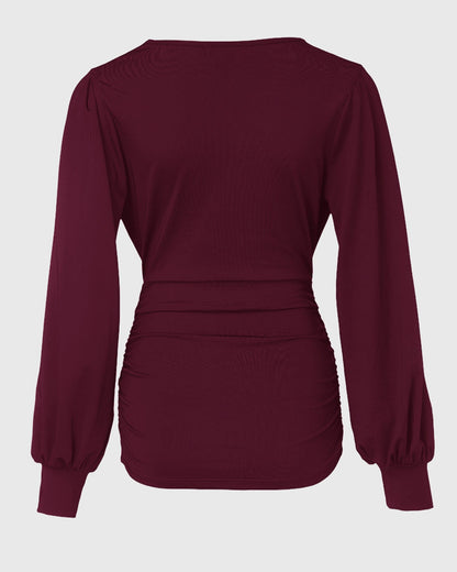 Deep V-Neck Lantern Sleeve Ruched Blouse Casual Slim Fit Top