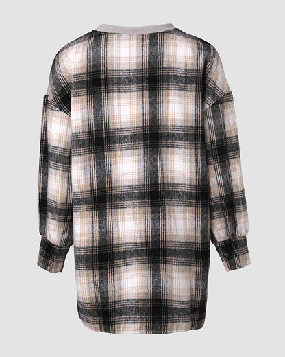 Plaid Print Spliced Long Sleeve Drop Shoulder Sweatshirt Casual Side Slit Top
