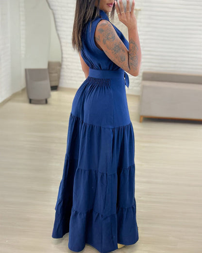 Turn-down Collar Sleeveless Button Front Dress Casual Belted Slit Ruched Maxi Dress