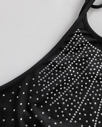 Rhinestone Decor Halter Tie Cowl Neck Long Sleeve Tee Casual Sheer Mesh Spliced Backless Top