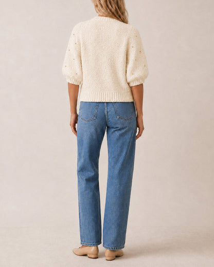 Women's Boucle Knit Cardigan Gold Beaded Puff Sleeve Sweater Crewneck Button Up Elegant Crop Outerwear