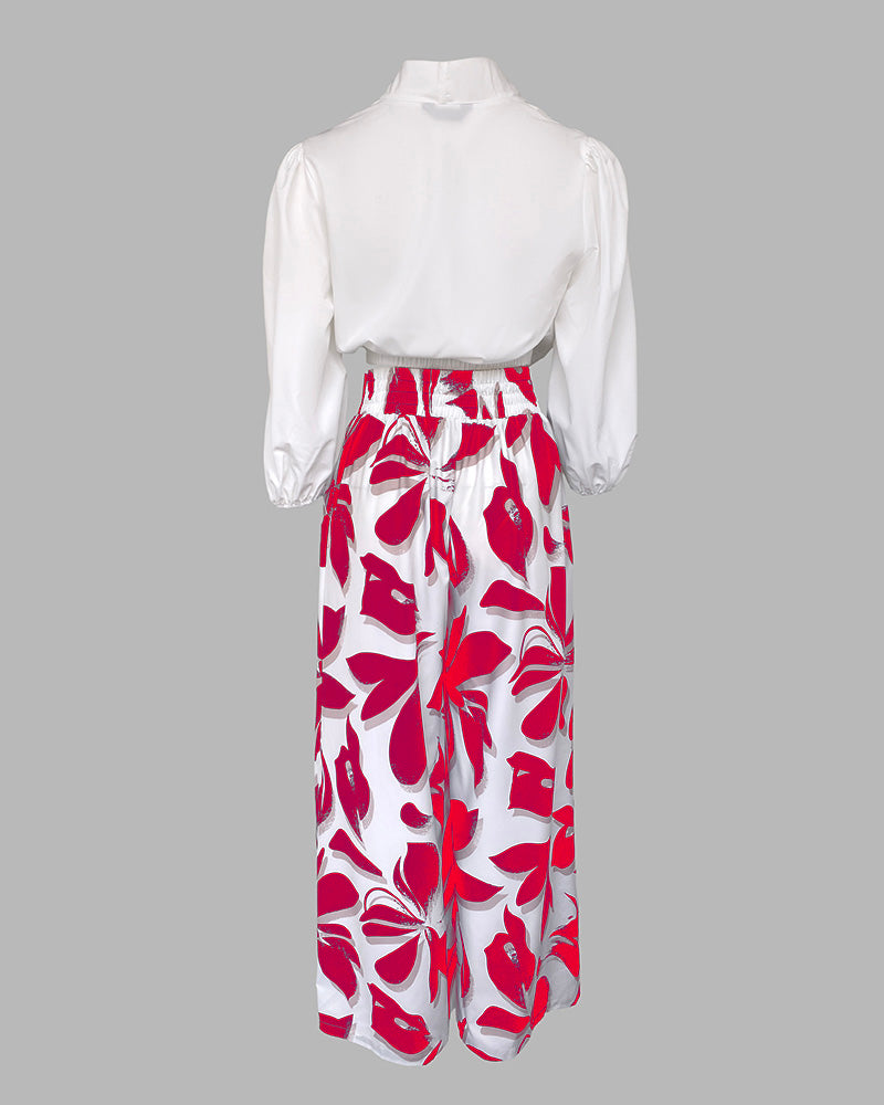2 Pieces Outfit Wrap Plunge V Neck Crop Blouse and Casual Floral Print Wide Leg Pants Set
