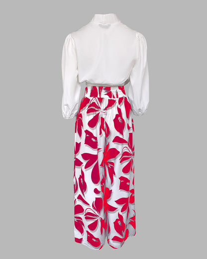 2 Pieces Outfit Wrap Plunge V Neck Crop Blouse and Casual Floral Print Wide Leg Pants Set