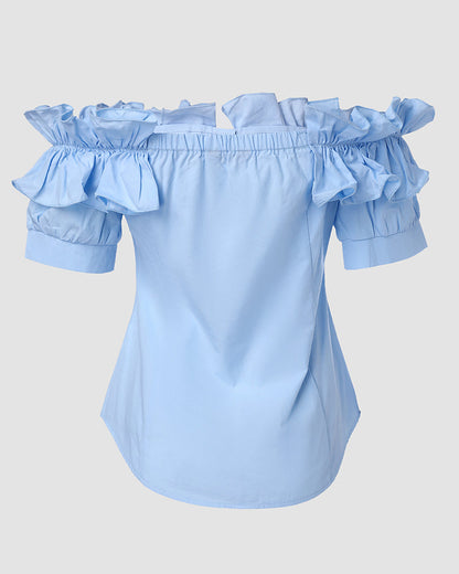 Ruffles Off Shoulder Short Sleeve Button Front Blouse Asymmetrical Hem Top