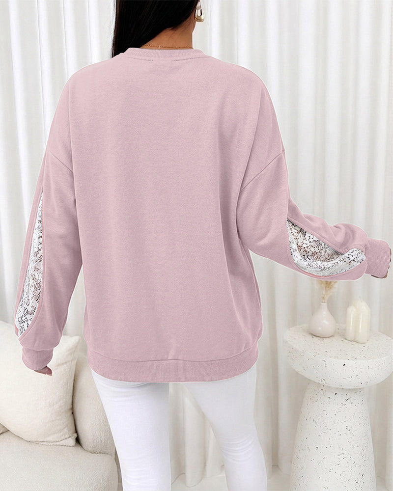 CHICMELIVE Oversized Sweatshirt for Women Lace Sleeve Cutout Fall Pullover