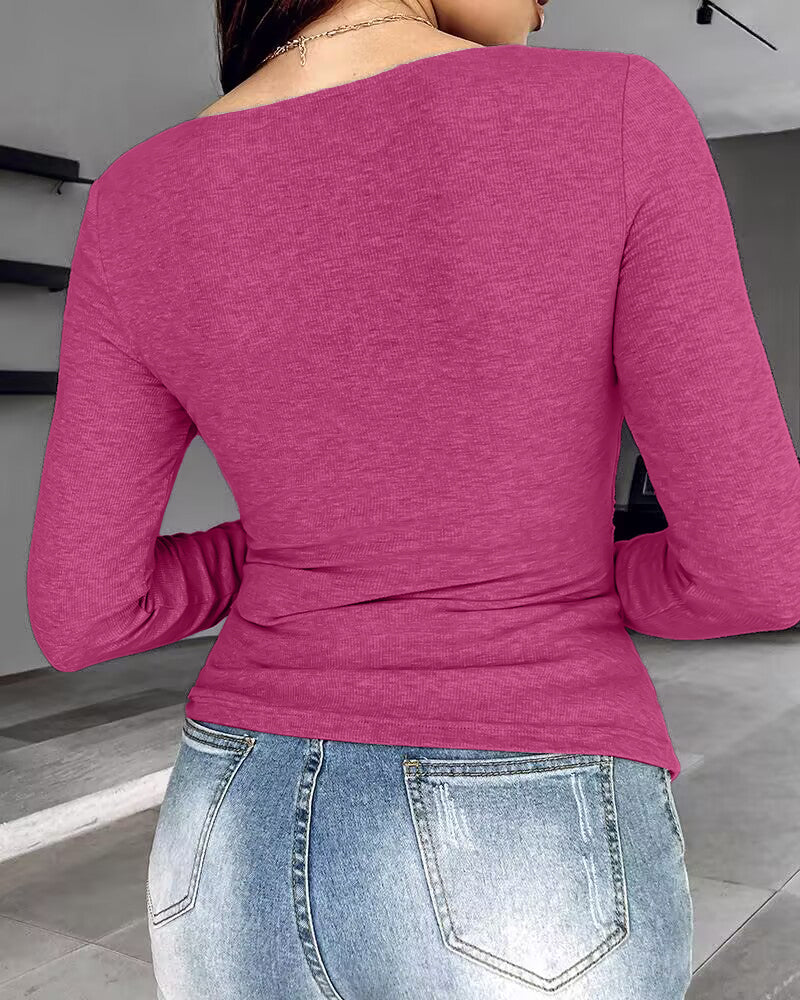 ChicMe Built-in Bra Notch Neck Long Sleeve Shirts Rib-Knit Ruched Waist Top