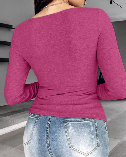 ChicMe Built-in Bra Notch Neck Long Sleeve Shirts Rib-Knit Ruched Waist Top