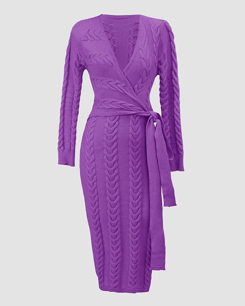 Cable Textured Overlap Deep V-Neck Long Sleeve Mid-Length Dress Tie Waist Slim Fit Knit Dress