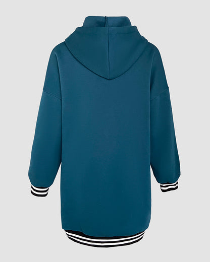 Striped Cuffs Pockets Design Zipper Front Drawstring Hoodie Jacket Casual Drop Shoulder Asymmetrical Hem Mid-length Coat