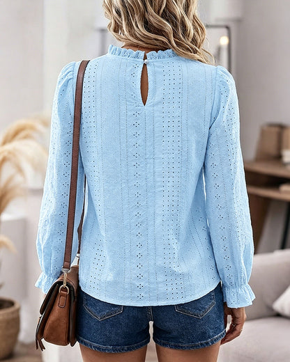 Women's French Style Eyelet Embroidery Blouse Elegant Frill Hem Stand Collar Puff Sleeve Top Lace Patchwork Shirt