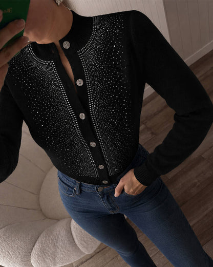 Women's Rhinestone Crewneck Knit Cardigan Button Down Long Sleeve Sweater Top