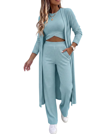CHICMELIVE Women's 3 Piece Lounge Set Ribbed Cardigan Tank Wide Leg Pant