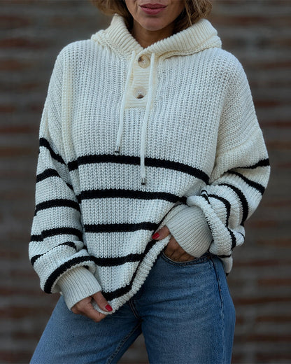 Women's Striped Henley Drawstring Hooded Sweater Loose Fit Lantern Sleeve Knit Pullover