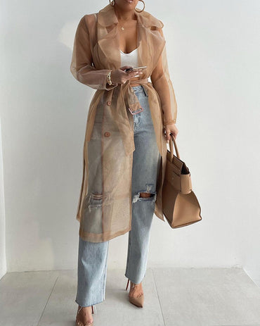Notched Collar Long Sleeve Double Breasted Sheer Mesh Jacket Casual Longline Trench Coat with Belt