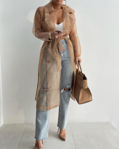 Notched Collar Long Sleeve Double Breasted Sheer Mesh Jacket Casual Longline Trench Coat with Belt