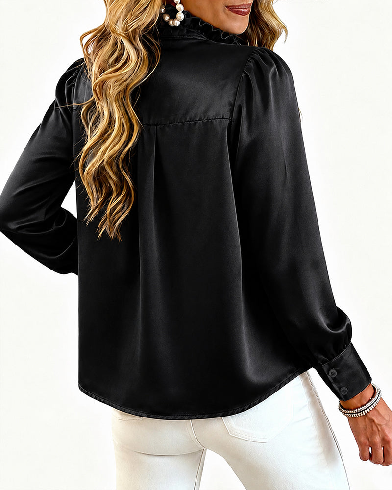 Women's Satin Frill Hem Blouse Long Sleeve Half Button Shirt Elegant Stand Collar Office Work Top
