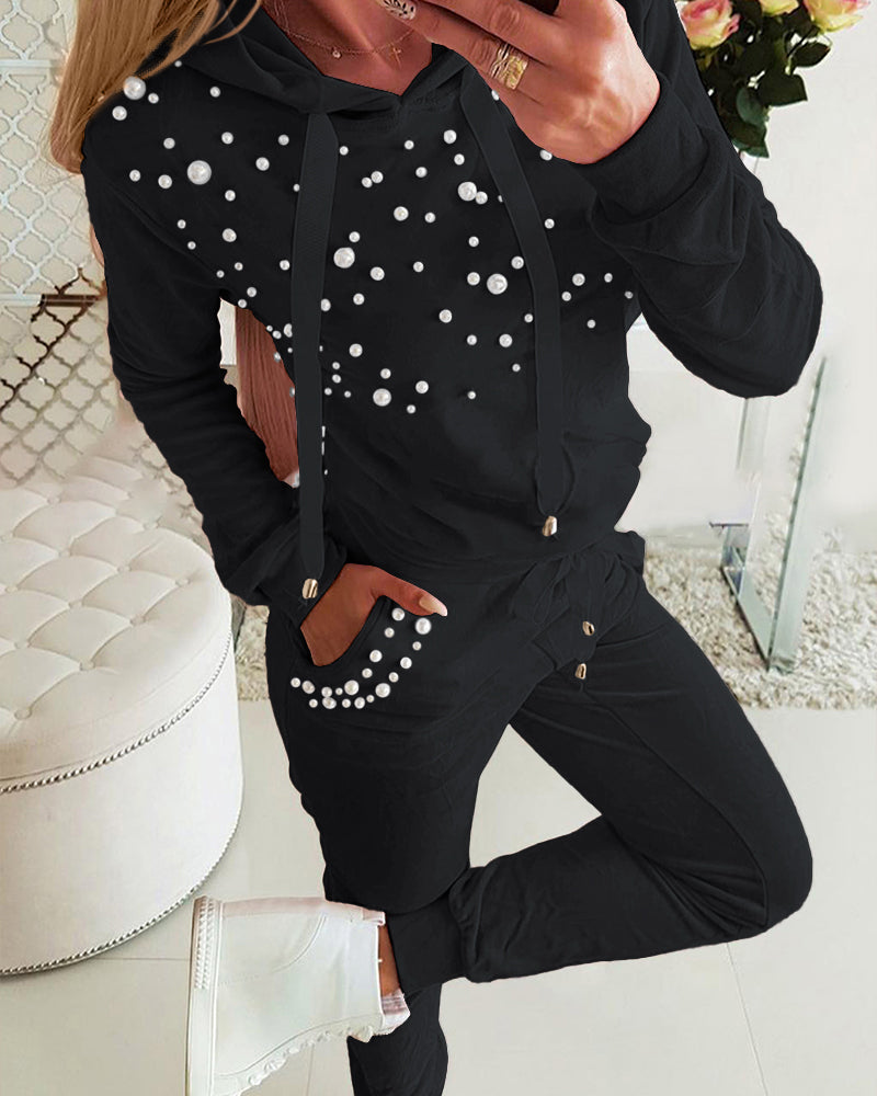 Beaded Hooded Top & Drawstring Pants Set