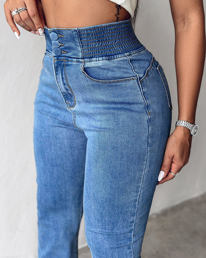 ChicMe CurveEase Back Shirred Button Front High Waist Jeans Skinny Flared Denim Jeggings