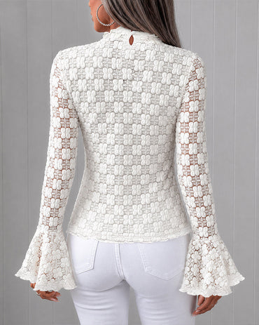 Women's Mock Neck Lace Top Frill Trim Flare Long Sleeve Blouse Jacquard Floral Knit Lined Elegant Top