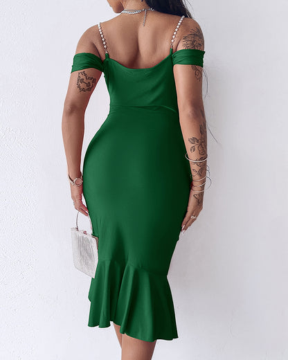 Cold Shoulder Pearls Straps Bodycon Dress Cowl Neck Asymmetrical Ruffle Hem Party Dress