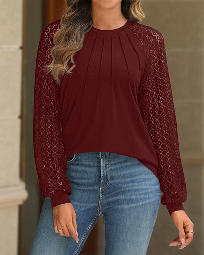 Contrast Lace Round Neck Lantern Sleeve Ruched Blouse Elegant Shirt