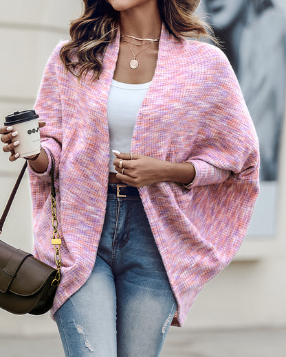Colorful Waffle Knit Open Front Coat Batwing Long Sleeve Cardigan