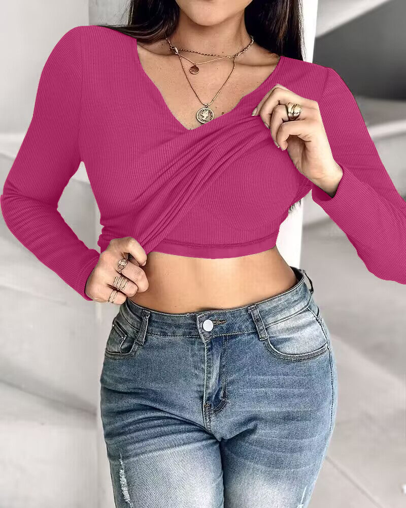ChicMe Built-in Bra Notch Neck Long Sleeve Shirts Rib-Knit Ruched Waist Top